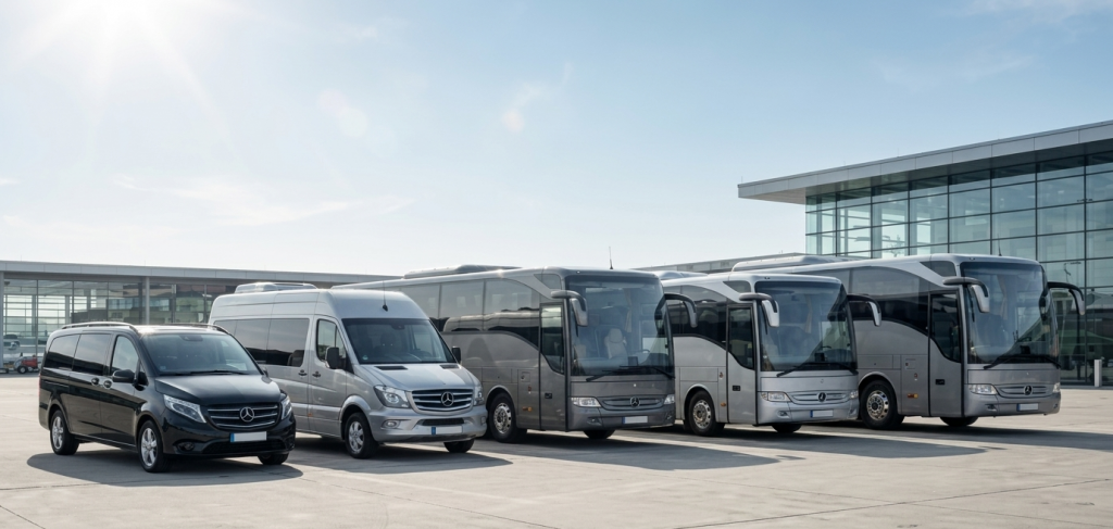 A fleet of professional luxury transport vehicles including a black minivan, silver Sprinter van, and three silver executive coaches parked outside a modern terminal.